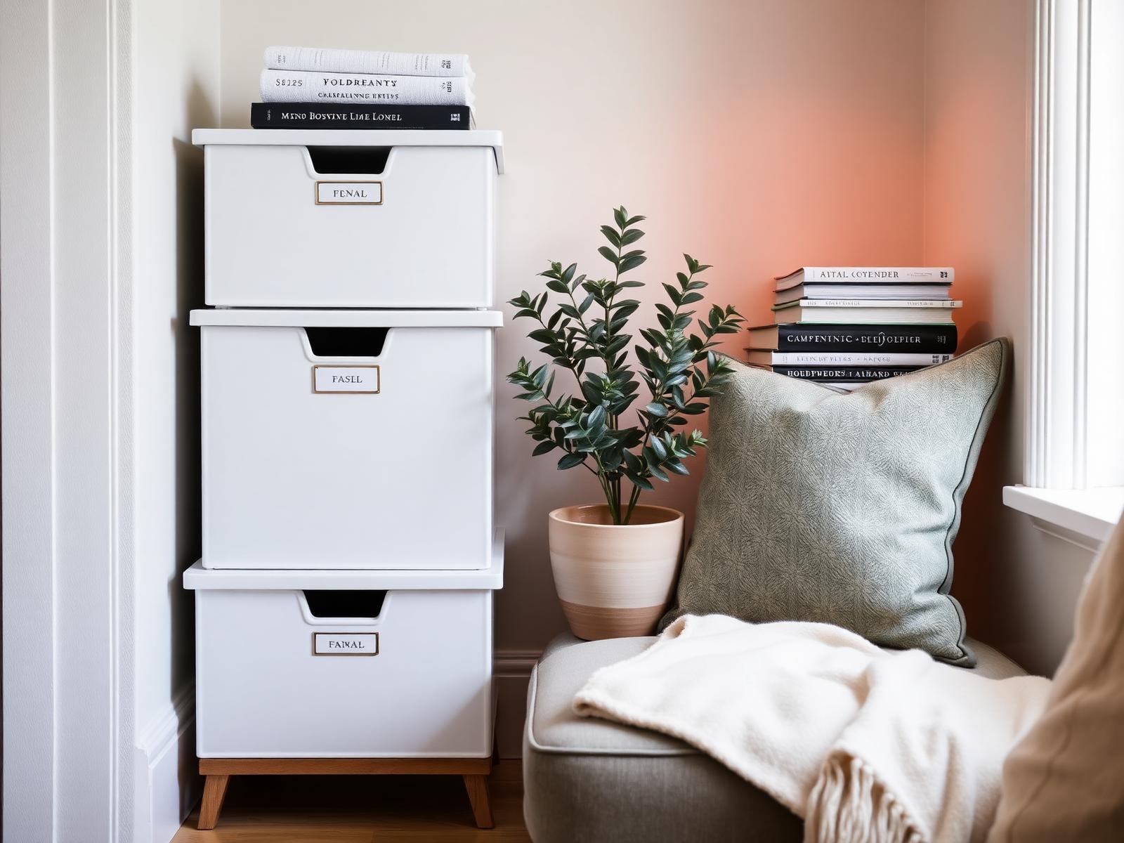 A serene living room corner with labelled storage boxes and soft sage cushions