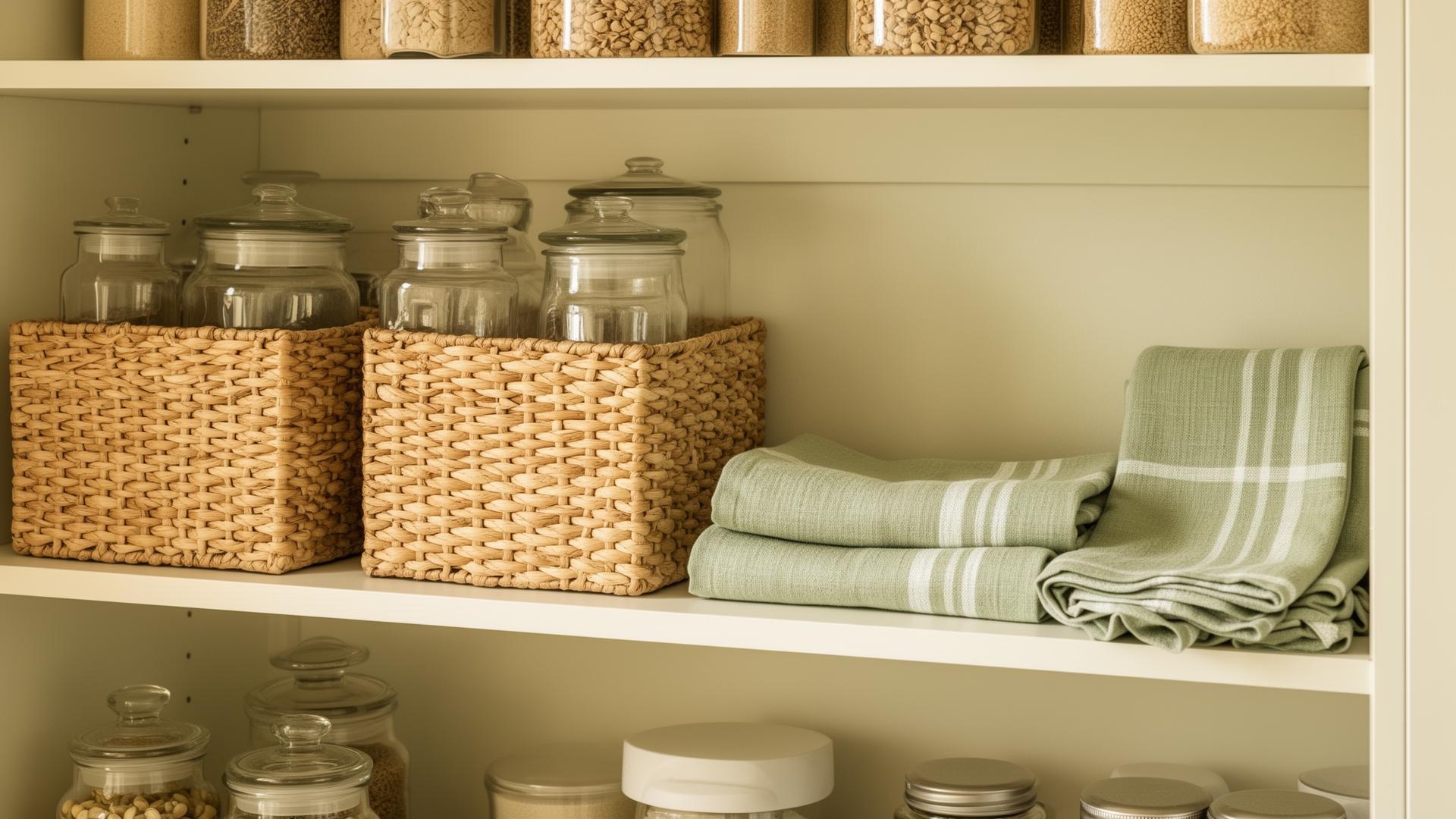 A neatly organised pantry shelf with glass jars, woven baskets and folded sage tea towels